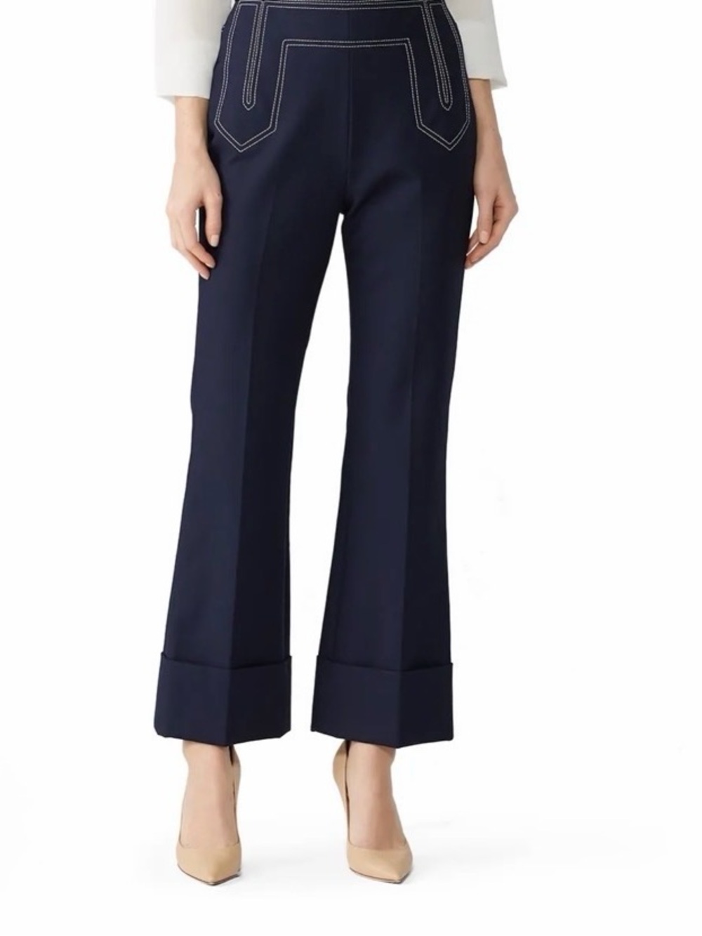 KHAITE Navy Wide-Leg Cuffed Pants with Contrast Stitching